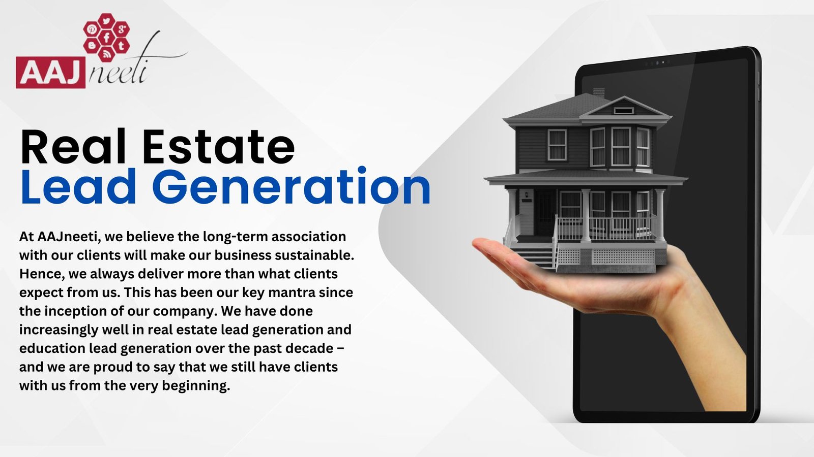 The Image Shows house and the text Real Estate Lead Generation overlay on the image and there is also the logo of Aajneeti Advertising