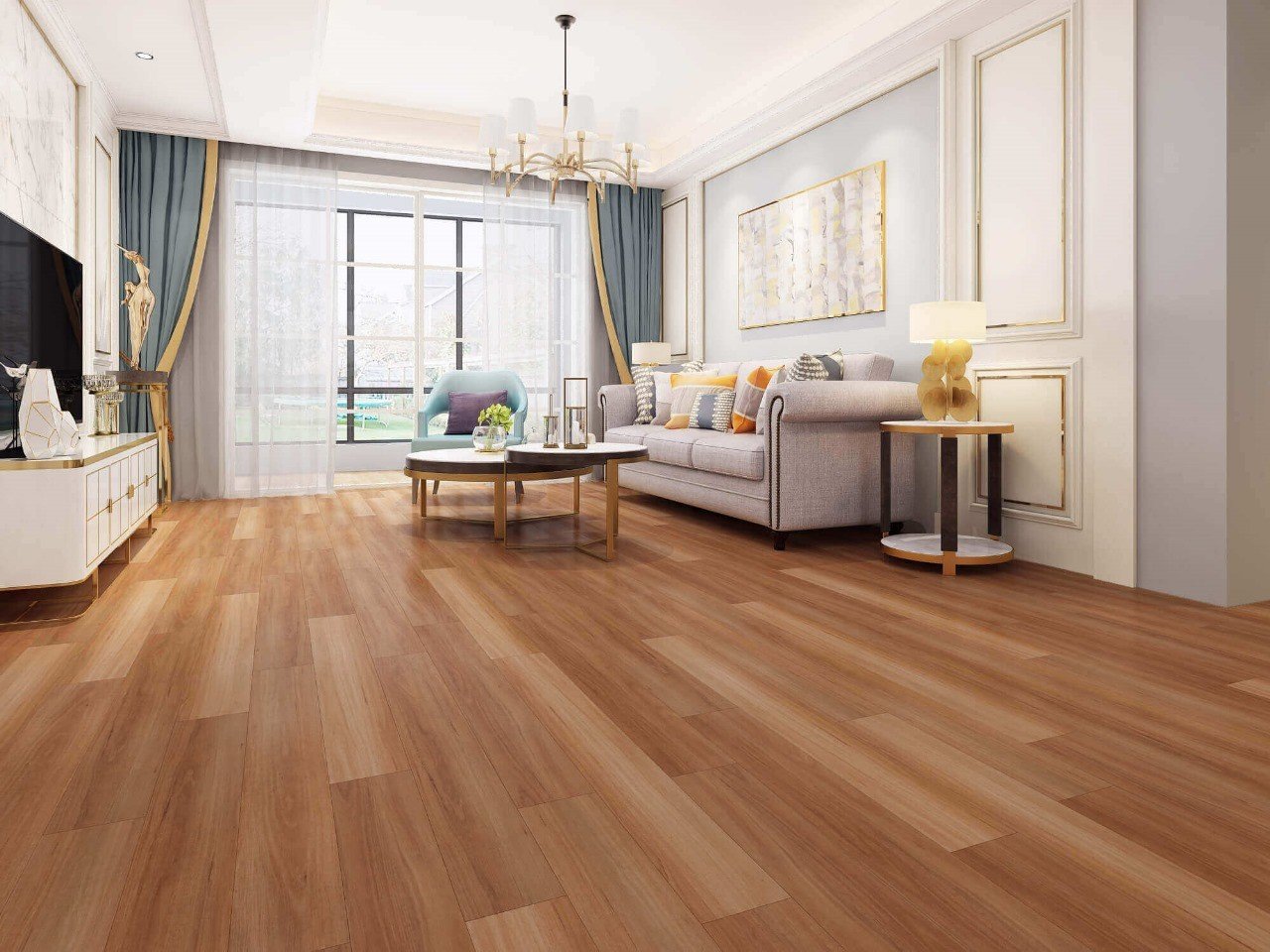 Close-up view of hybrid flooring with a natural wood grain finish in a modern living room