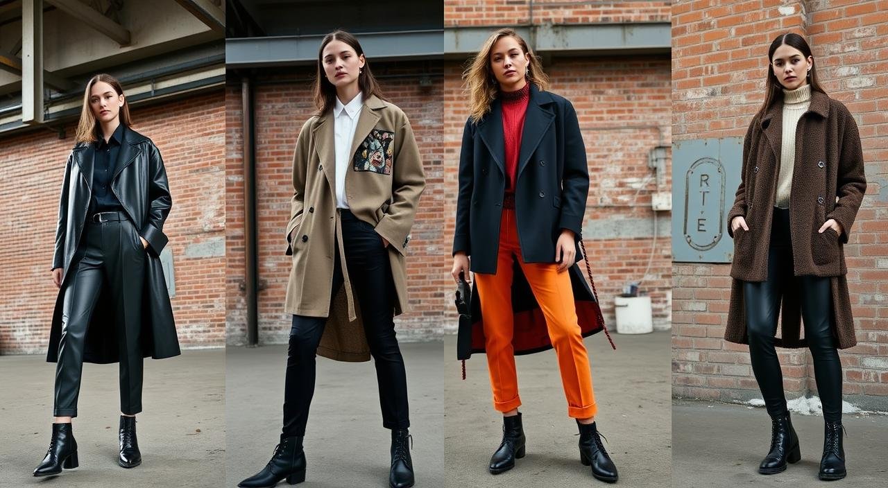 "An editorial-style fashion collage showcasing modern industrial fashion: sleek silhouettes, raw materials like metal and leather, neutral color palette with pops of bold colors, layered outfits featuring oversized jackets and fitted pants, urban backdrop with exposed brick and metal structures, diverse textures including mesh and wool, minimalistic accessories, dramatic lighting to highlight the garments."